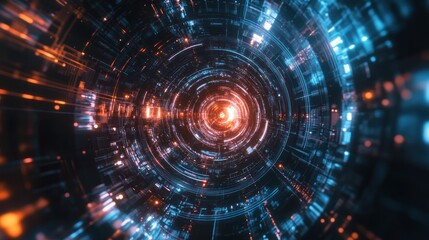 Fototapeta premium Abstract digital tunnel with glowing lights and futuristic design.
