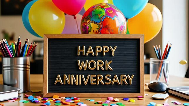 Celebratory Office Desk Decorated with Sign Happy Work Anniversary