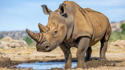 Obraz premium Rhino drinking at muddy watering hole, savanna background, wildlife photography for conservation