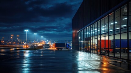 Fototapeta premium Nighttime view of a warehouse with trucks and containers.