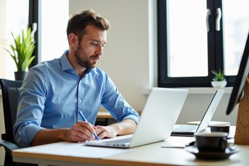 Professional Young Man Working in Modern Office: Focused on Laptop with Notepad, Plants, and Bright Natural Light for Creative Work Environment