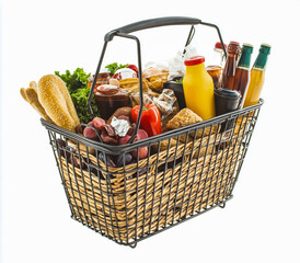 A supermarket shopping basket filled with a variety of foods, snacks, beverages and fresh produce.
