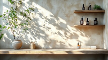 A serene shelf display with natural elements and wellness products in a calming environment.