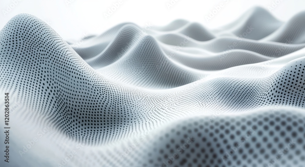 Poster abstract white surface with soft flowing fabric-like texture highlighting curves and dots, creating 