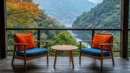 Obraz premium Balcony seating overlooking autumn river valley in Japan
