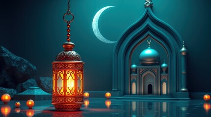 Obraz premium Ramadan Kareem. Ornamental Arabic lantern, metal moon, and mosque portal. Luxurious, vibrant, advanced technology and space elements are incorpora