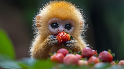 Golden monkey eating strawberry, jungle background. Cute baby animal photo for children's book