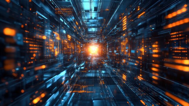 Futuristic digital tunnel with glowing lights and data streams.