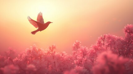 Bird soars above pink blossoms at sunrise