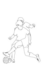 Line art vector illustration of two men grabbing a soccer ball. women's football