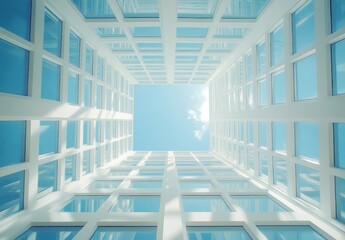 Obraz premium Architectural View of Glass Facade and Sky Showing Modern Building Design with Bright Sunlight in Urban Environment from Ground Perspective