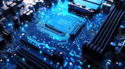 Fototapeta premium Close-up of a vibrant blue computer motherboard with glowing circuits and chips