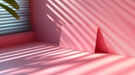 Blank canvas in pink room, sunlight, plant shadows