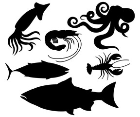 Seafood - marine fishes silhouette illustration