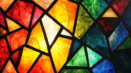 Colorful stained glass window, church interior, light shining, abstract design, background texture