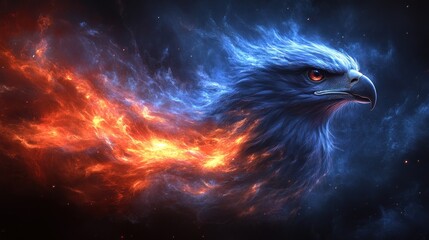 Fiery eagle head engulfed in blue and orange flames.