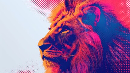 Vibrant Pop Art Lion Portrait with Bold Colors and Halftone Patterns in a Modern Artistic Style