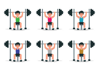 Men at gym flat icon vector set weightlifting color cartoon