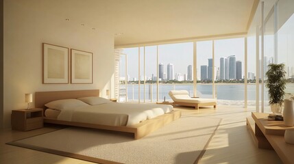 Modern bedroom with large windows and minimalist decor