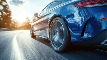 A sleek blue car speeding on a winding road during sunset, showcasing dynamic motion and design.
