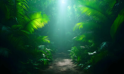 Obraz premium Jungle path, sunlit, mystery, lush foliage, background