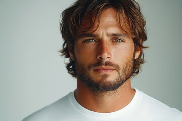 Obraz premium A close-up portrait of a man with tousled hair and a serious expression.