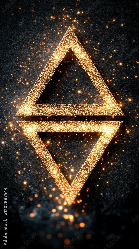 Wall mural golden triangle and square shapes illuminated with sparklingparticles on dark background for creativ