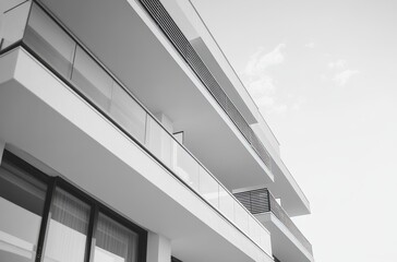 Fototapeta premium Contemporary Architectural Design of a Modern Multi-Story Building with Sleek Lines, Expansive Balconies, and Minimalist Aesthetic Showcasing Urban Living Style