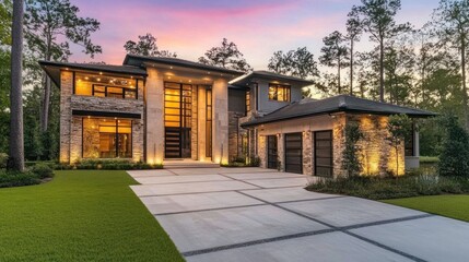 Luxury Modern House in Wooded Area at Dusk