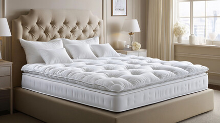 a luxurious bed set white mattress and box spring, an elegant tufted headboard upholstered in linen. mattress is topped,natural mattress topper made of pure cotton and filled with 100% goose feathers