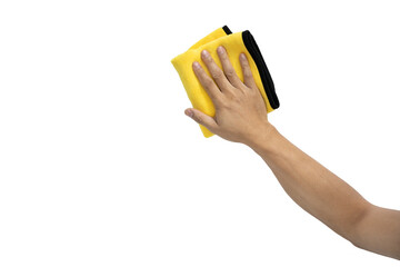 Abstract male hand holding yellow microfiber cleaning cloth on white. Background copy space for add text or art work design.