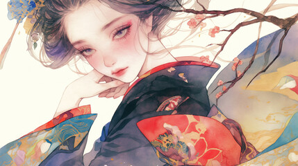 Fototapeta premium Elegant Japanese Woman in Traditional Kimono with Cherry Blossom Motif