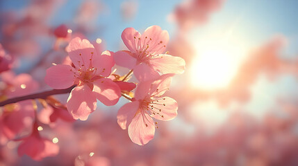 Pink blossoms sunrise spring orchard sunlight
