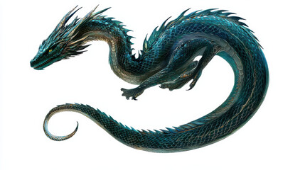 Obraz premium A mythical dragon coiled mid-air, shimmering emerald scales reflecting light, clear white background for strong subject emphasis