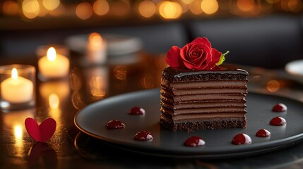 Chocolate cake with rose, romantic restaurant, candlelit background, dessert