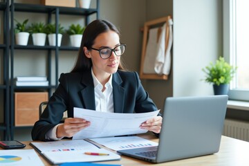 Professional Businesswoman Analyzing Financial Reports on Laptop While Sitting at Desk with Chart Papers and Green Plants in Modern Office Workspace