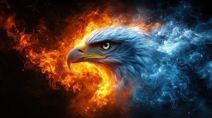 Fiery eagle head engulfed in flames and ice.