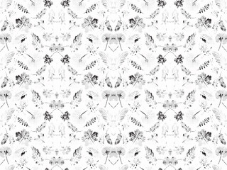 Elegant black and white floral design showcasing detailed leaves and flowers in a harmonious pattern.
