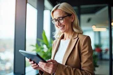 Smiling Businesswoman Using Tablet in Modern Office Environment with Natural Light and Greenery, Showcasing Professionalism and Technology in the Workplace