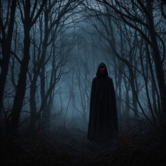 Dark and eerie horror anime manga art, featuring a sinister figure cloaked in shadows, glowing red eyes piercing through the gloom. 