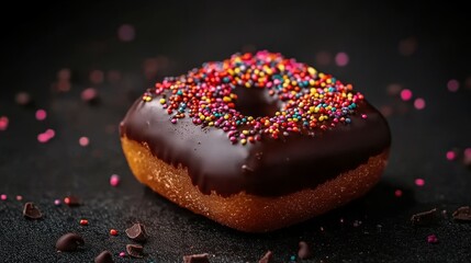 A square chocolate-covered donut topped with colorful sprinkles on a dark background.