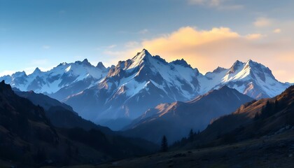 Obraz premium Majestic Snowcapped Mountains Sunset Landscape Panorama