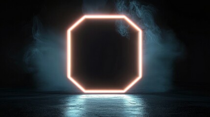A glowing octagonal frame in a dark, misty environment, creating a futuristic ambiance.