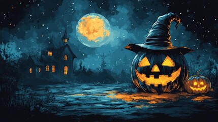Halloween pumpkin night scene, spooky house, full moon