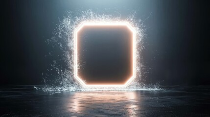 A glowing octagonal frame surrounded by splashes of water in a dark, atmospheric setting.