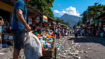 Obraz premium A man is carrying a trash bag on a cart down a street
