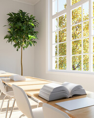 Fototapeta premium bright classroom with large tree, wooden desks, and open book. sunlight streams through windows, creating warm atmosphere