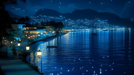 Night coastal town, starry sky, calm sea, romantic