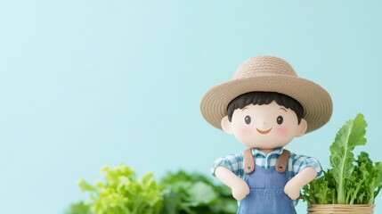 A cheerful farmer figurine stands beside fresh greens against a light blue background.