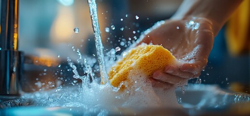 Hands rinsing yellow sponge under kitchen tap
